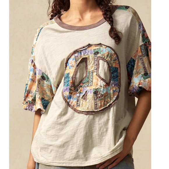 Boho Floral Print Peace Patchwork Color Block Puff Sleeve Top - Picture 3 of 5